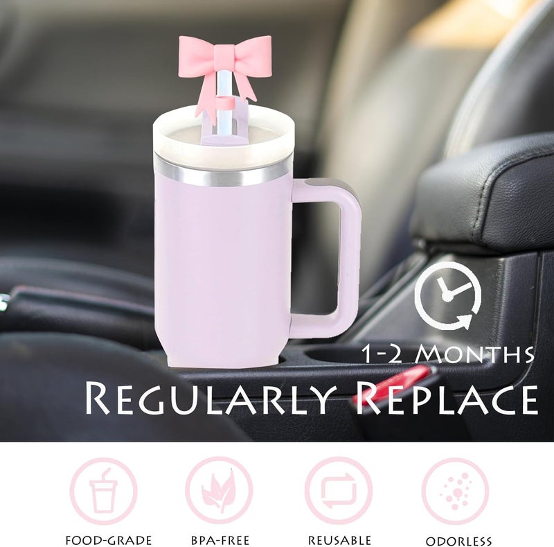 HIUSITY Pink Bow Straw Cover Topper for Stanley Cup,Silicone White Straws Toppers for Tumbler with Handle 40oz,Cute 10mm/0.4in Covers Cap,Reusable Lids for Stanleys Cups Accessories, 3Pcs - Image 3